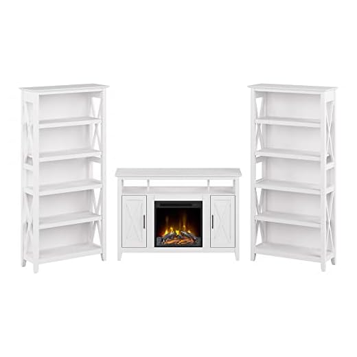 Bush Furniture Key West Tall Electric Fireplace Stand for 55 Inch TV with 5 Shelf Bookcases, Pure White Oak