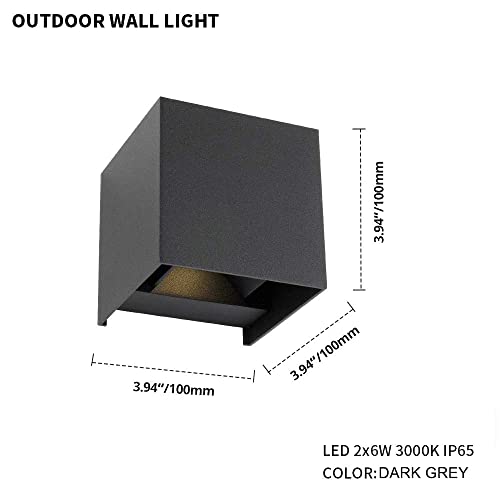 DAWALIGHT LED Wall Light Outdoor 2 Pcs, 12W 925LM 3000K Up and Down Modern Wall Lights IP65 Waterproof Square Wall Lamp for Outdoor Garden Balcony, Beam Angle Adjustable Wall Wash Lighting, Dark Grey