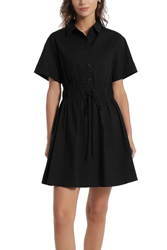 Image of D-Sun Women Casual Button Down Shirt Dress V-Neck Short Sleeve Tie Waist Mini Shirt A-Line Flowy Elegant Short Party Dress