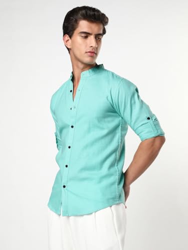 Image of Urbano Fashion Men's Linen Blend Full Sleeve Relaxed Fit Mandarin Collar Casual Solid Shirt
