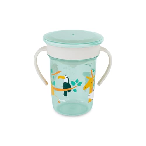 Miniland Sippy Cup 360 Jungle - Vaso de Aprendizaje 270 ml Antiderrame | Sistema 360° sin Boquilla | Con Asas Ergonómicas y Tapa | Personalizable | Apto para Lavavajillas