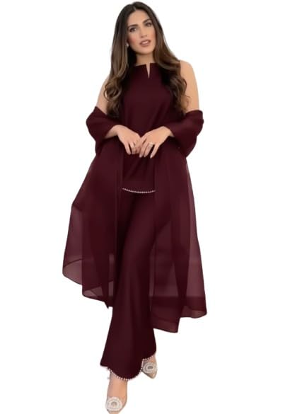 Image of Women's Teal Chiffon Kurta with Dupatta and Palazzo Pants, 3-Piece Ethnic Suit Set