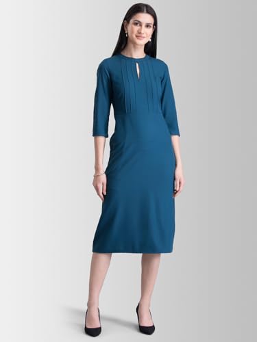 Image of FableStreet Women's Polyester Stylised Neck Pintuck Midi Dress