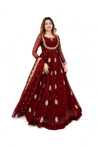 Image of Yashika Women's Georgette Ethnic Gown with Dupatta, Ankle Length Flared Dress, Full Sleeves, Traditional Indian Wear