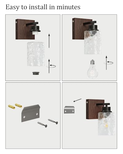 Image of Hammered Glass Battery Operated Wall Sconces Set of Two Black & Walnut