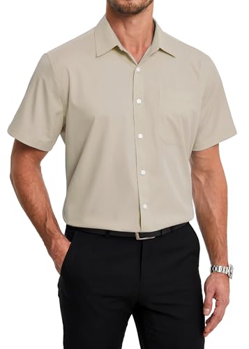 HISDERN Mens Short Sleeve Shirts Khaki Casual Smart Shirt Regular Fit for Work Office XL