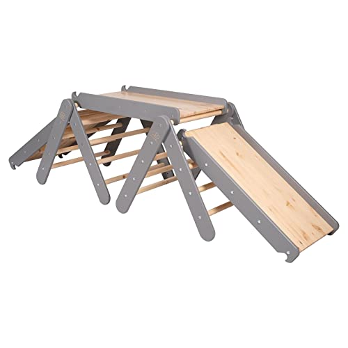 MEOWBABY Andamio de escalada de interior para niños con tobogán y juego de pared de escalada gris