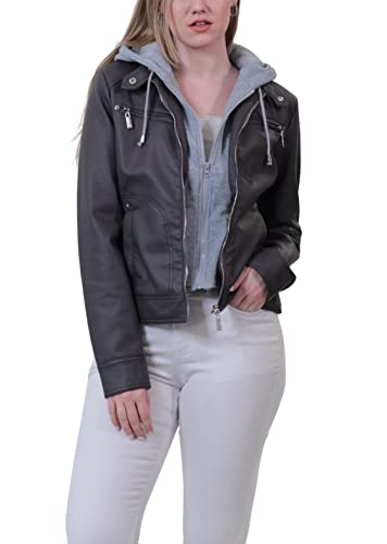 JOUJOU Women's Vegan Leather Jacket with Faux Fur Lining & Removable Hoodie, Stylish & Trendy Coat