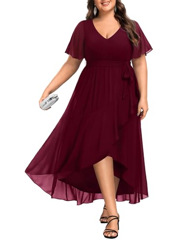 Womens Plus Size Long Dress Chiffon High Low Split Ruffle Evening Bridesmaid Wedding Guest Formal Maxi Dresses
