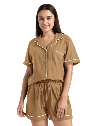 Image of Womens Muslin Pajama Sets 100% Cotton Double Gauze Linen Like Short Pjs | Breathable Soft Comfort Button Up Loungewear Sleepwear PJ Set