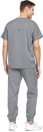 Medichic Men's Workwear Stretch V-Neck Scrub Joggers Set with Seven-Pocket Pants, Available in 6+ Colors