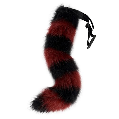 TTYAO REII Furry Fox Wolf Tail for Cosplay Faux Fur Striped Cat Raccoon Animals Tail for Halloween Party (Black Red)