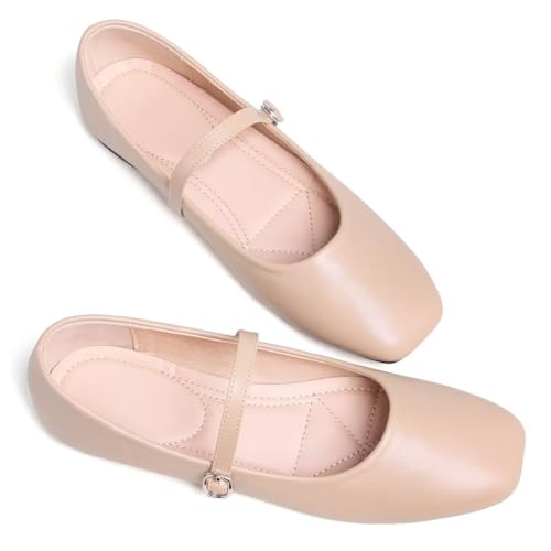 Stunner Ballet Flats for Women Women's Mary Jane Shoes Square Toe Casual Flats Comfortable Ankle Strap Flat Shoes Apricot 40(7.5) 24
