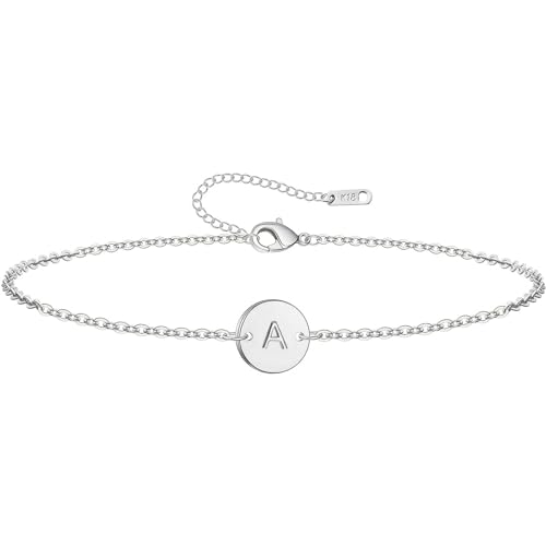 Personalized Initial Bracelet for Women Stainless Steel Letters Bracelet Delicate Coin Dainty Disc Alphabet Charm Bracelet Monogram Name Bracelet A Silver