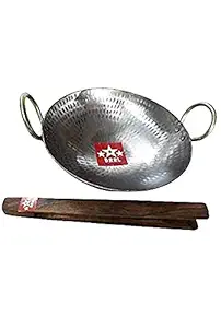 BRRL New Hand Hammered Iron Loha Lokhand Kadhai Large Heavy Wok Cooking Pan for Cooking and Frying Veg Or Non Veg with Sheesham Wood Chimta 16