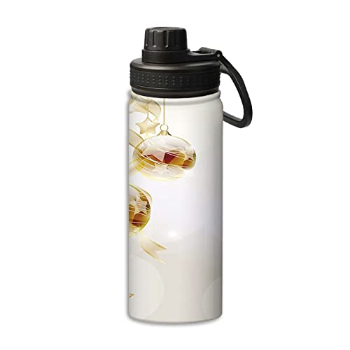 Christmas Insulated Water Bottles,18Oz Water Bottle,Xmas Balls With Swirled Ribbons,Stainless Steel Metal Water Bottle, Reusable Thermos Bottle, Cold & Hot Water Bottle For Sports,Gym,White Yellow #TOP8