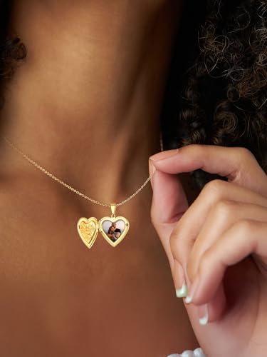 U7 Locket Necklace for Women, Silver/Gold/Rose Gold Custom Photo Text Necklaces, Flower Heart/Round Shape Personalized Picture Pendant Necklace 18 Inch3