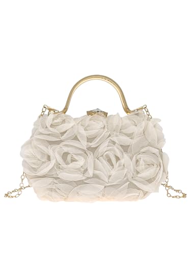 COOLOYA Bolsa feminina 3D floral estruturada clutch bolsa formal evento festa noite casamento bolsa transversal com corrente, Bege, One Size