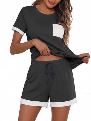 Image of Famulily 2 Pack Pyjama Set for Women UK Short Sleeve Pjs Regular Fit T-Shirt and Elastic Shorts with Pockets Black L