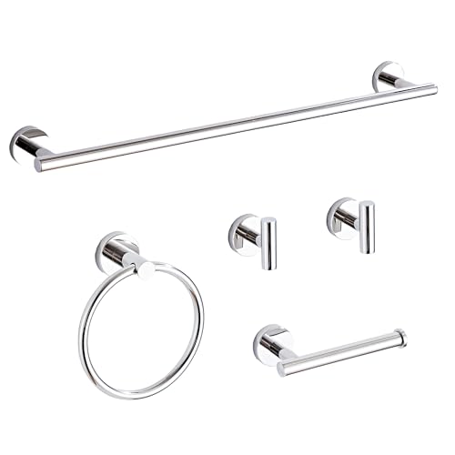 Chrome Bathroom Hardware Set 5 Piece with Towel Racks for Bathroom SUS304 Stainless Steel Bath Towel Bar Set 24 Inch Wall Mounted Accessories Kit