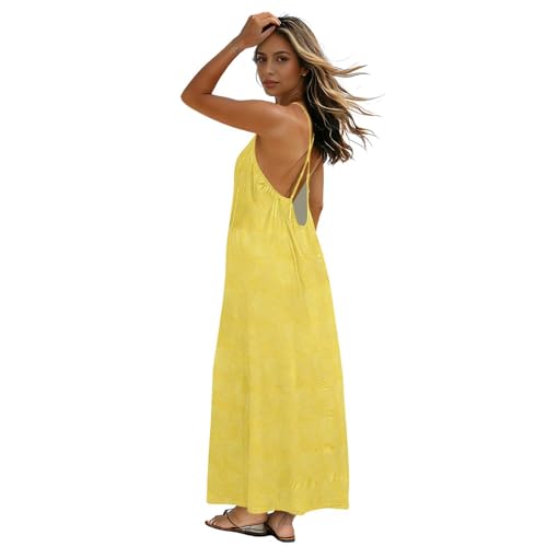 Vestido de espaguetis para mujer, espalda larga, agradable a la piel, suave, relajado, perfecto para múltiples escenas, color amarillo, Hexágono amarillo, XL