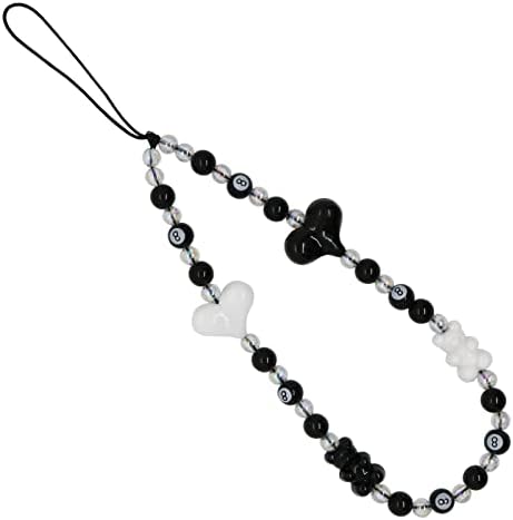 Beaded Phone Charm, Fashion Acrylic Phone Lanyard Wrist Strap Heart Clay Beads with Anti Lost Women Phone Chain Keychain (Black Heart-1)