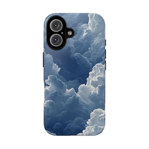 Coque nuage bleu 3D rigide brillante pour iPhone 16 en voyage