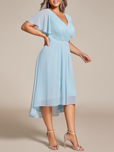 Image of Ever-Pretty Plus Summer Short Sleeves V-Neck Formal Wedding Guest Dresses for Curvy Women Chiffon Midi Cocktail Party Dress