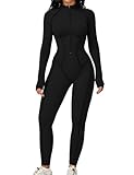 AEEZO Womens Contour Seams Long Sleeve Padded Workout Jumpsuit Zip Up Tummy Control One Piece Bodycon Yoga Rompers