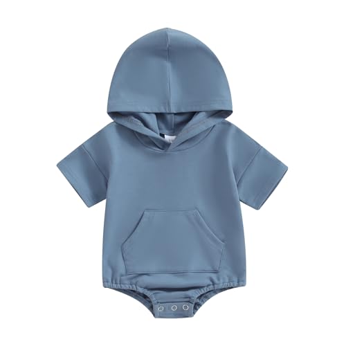 Image of kacubwyy Newborn Baby Boys Girls Clothes Hooded Short Sleeve Bubble Bodysuit Pocket Snap Closure Summer Romper