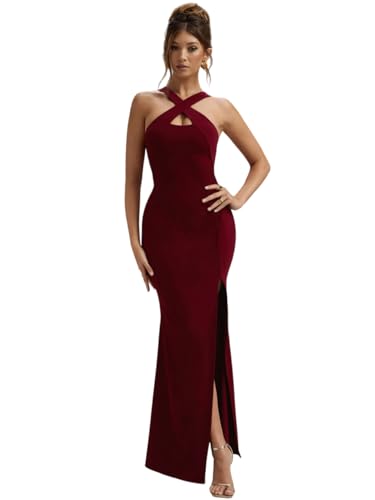 Image of Women Asymmetric Neck Burgundy Bodycon Dress (in, Alpha, L, Regular, Wine)