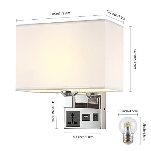 Image of Bedside Wall Mount Light with USB, LED Reading Swing Arm Fabric Shade Wall Sconce, Hardwired Wall Lamp for Bedroom, Living Room Hotel (Chrome)