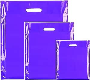 100x HEAVY DUTY STRONG COLOREDFULL PLASTIC CARRIER PATCH HANDLE BAGS, PARTY, BOUTIQUE GIFT BAGS (Purple, 15 x 18)