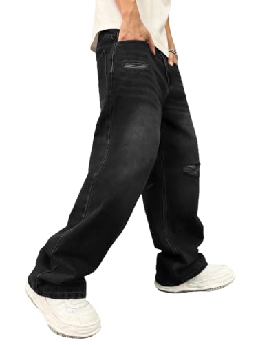 Image of ALLABREVE Men's Baggy Hip Hop Jeans Y2k Wide Leg Denim Pants Relaxed Fit Skater Trousers Streetwear