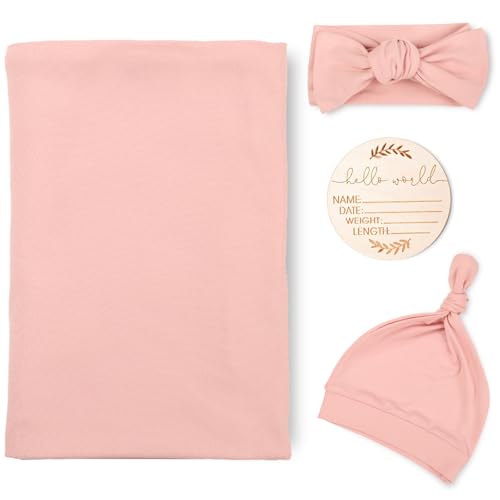 Image of TANOFAR 4-Pack Newborn Swaddle Blanket for Baby Girls & Boys, Ultra Soft Receiving Blankets with Matching Headband and Beanie Set Baby Nursery Swaddle Wrap (Pink)
