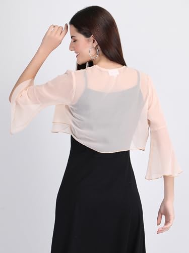 Image of AOL Women's Cropped Layered Lightweight Sheer Three-Fourth Bell Sleeves Georgette Open Neck Shrug Bolero