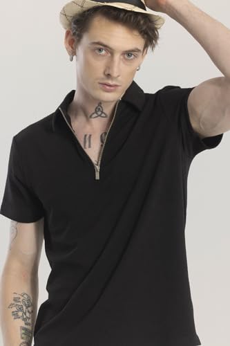 Image of SNITCH Black Textured Polo T-Shirts