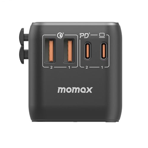 MOMAX Universal Travel Adapter,100W Fast GaN International Power Adapter, 2PD USB-C+2QC USB-A Travel Plug Adapter, US/UK/EU/AU Universal Charger for Laptops, Tablets, Phones Vision Pro 1-World