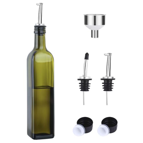 JASAI 17oz Glass Olive Oil Bottle Dispenser - 500ml Green Oil and Vinegar Cruet with Pourers and Funnel - Olive Oil Carafe Decanter for Kitchen