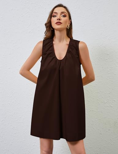 Image of OLAPTA Women Summer Sleeveless Babydoll Mini Tank Dresses Loose Fit Scoop Neck Ruched Short Dress with Pockets Party Clubwear