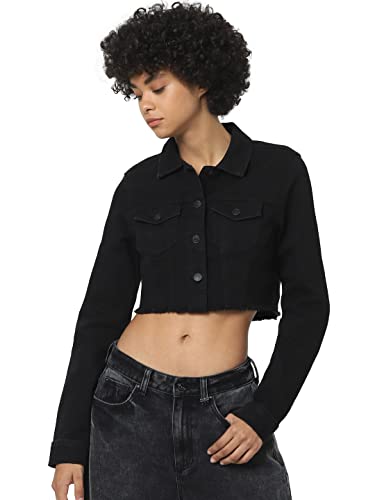 Image of ONLY Women Black Solid Cropped Denim Jacket