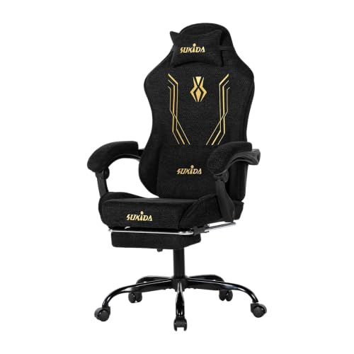 SUKIDA Gaming Stuhl Stoff Ergonomisch, Chenille Gaming Chair mit Fußstütze, Kopfstütze und Lendenkissen, Höhenverstellbarer Schreibtischstuhl mit Atmungsaktivem Stoff, 150 kg,Schwarz