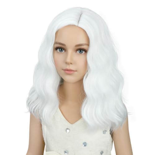Image of PATTNIUM Kids White Wig Short Wavy Wig Child White Bob Wigs for Girls Heat Resistant SyntheticHair Cosplay Halloween Party Costume Wigs