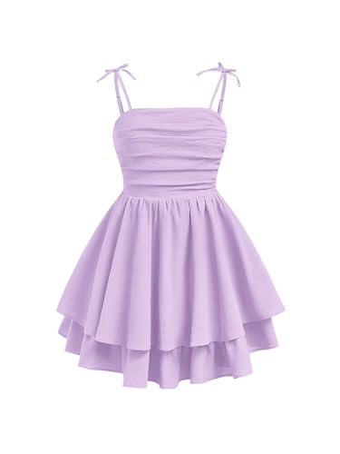 Image of SHENHE Girl's Smocked Ruched A Line Swing Dress Layered Tie Shoulder Flowy Cami Short Dress
