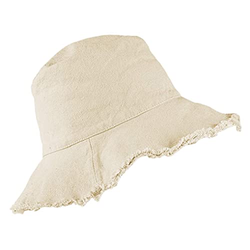 Sombrero de cubeta espaciosa de protección solar con borde acanalado de tela de algodón lavado - Gorra de verano de ala ancha, beige, 56/58 cm