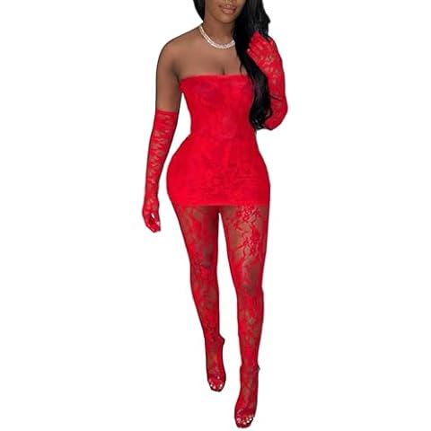 Mojessy Womens Sexy Lace 2 Piece Set Birthday Outfits See Through Tube Mini Dress Top with Stockings Legging Clubwear Medium Red Cover