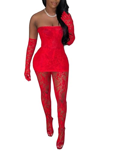 Image of Mojessy 2 Piece Outfits for Women Sexy Lace Tube Mini Dress Top with Stockings Legging Set Birthday Outfits