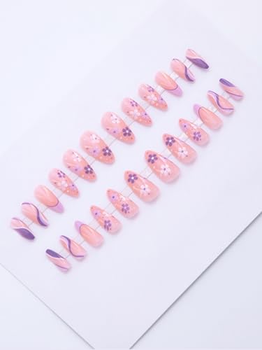 Image of Secret Lives Premium Glossy Reusable Artificial Light Pink Color with white & purple Flower and Stripes Fake False Press on Nails 24 pieces Set with Kit