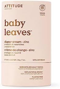 ATTITUDE Plastic-Free Diaper Cream Bar with Zinc for Baby, Made in Canada, EWG Verified, Dermatologically Tested, Vegan, Unscented, 30 grams