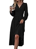 Vestido largo de mujer para otoño e invierno con cuello en V, manga larga abullonada, estilo A, vestido fluido con mangas tipo farol, vestido de invitada de boda, vestido maxi para fiesta, Negro, L